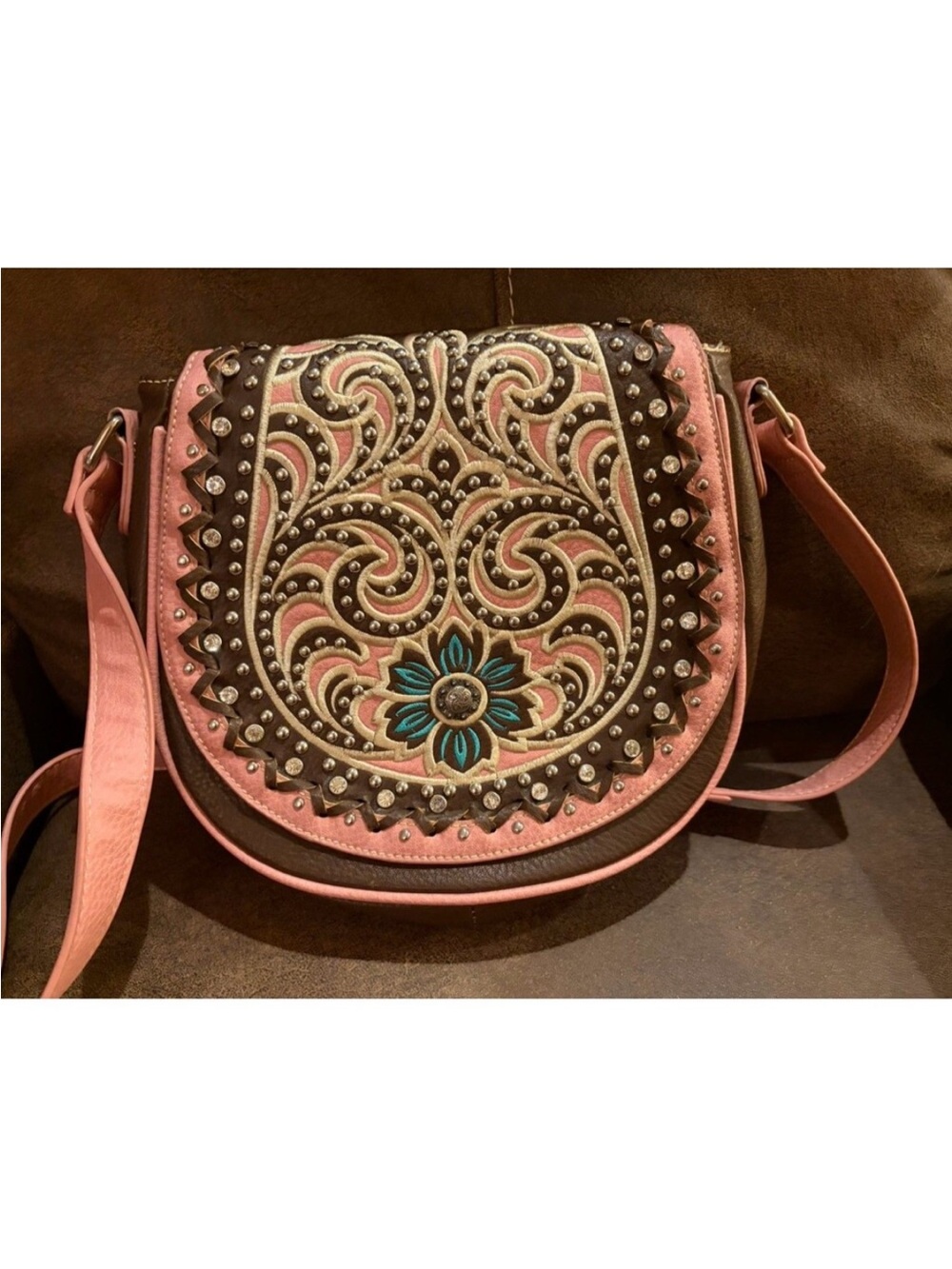 Montana West Embroidered Pink Crossbody Saddle Bag with Stud Accents